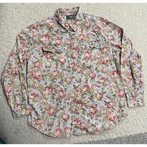 VTG Lizwear Womens Petite Small Floral Button Up Shirt Long Sleeve Top Liz Wear - Picture 1 of 7